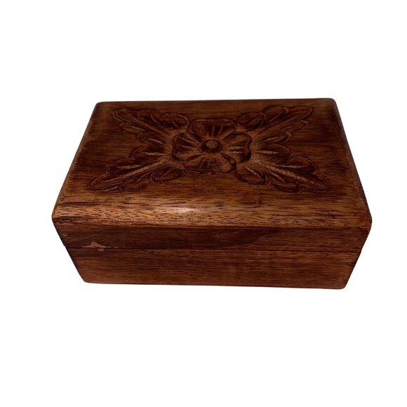 Vintage Hand Carved Floral Wooden Box Small Jewelry Keepsake Chest Home Décor - Picture 2 of 7